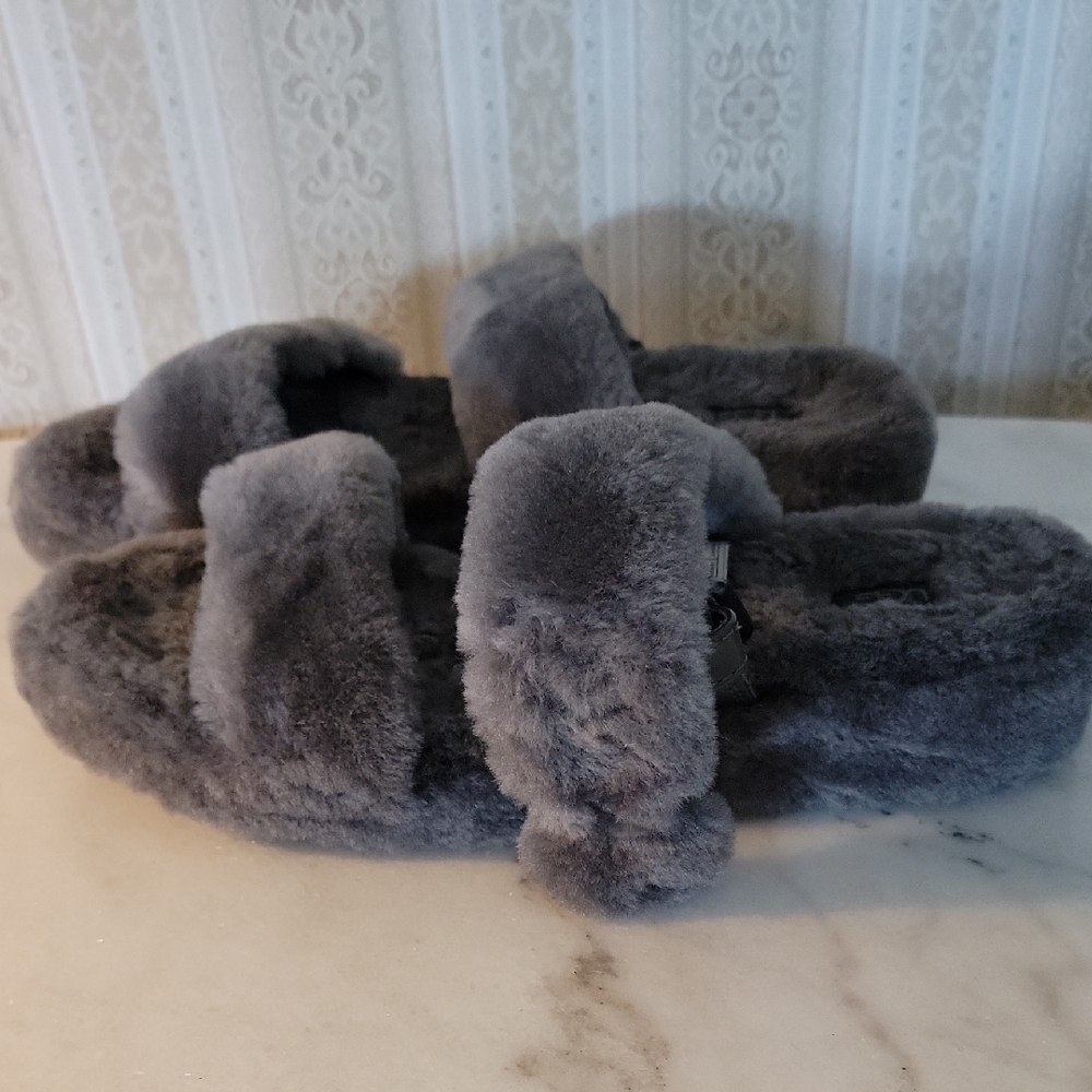 New UGG Gray Plush Slide Slippers